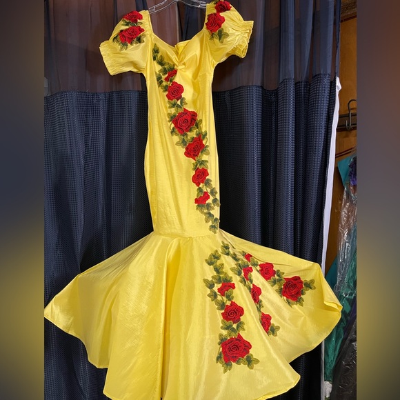Yellow Dress with Red Rose Embroidery